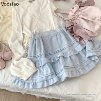 Harajuku Sweet Lolita Style Mini Skirt Summer Girly Sweet Rose Print Ruffles Princess Tiered Skirts Japanese Women Cute Skirt 3