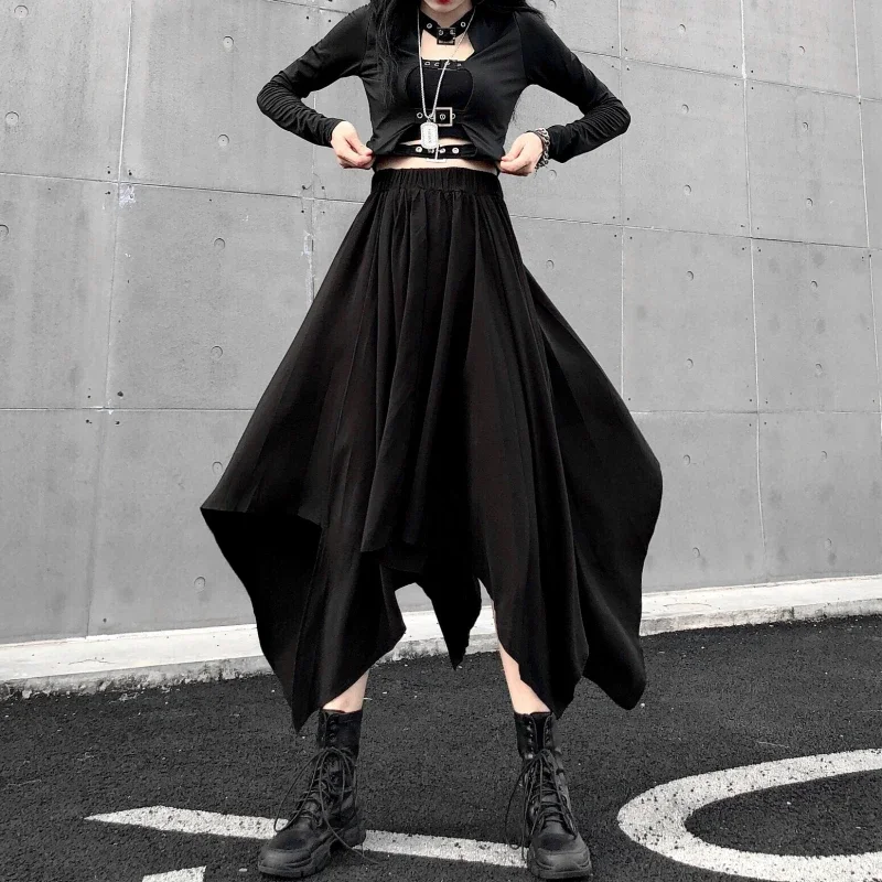 Dark Black Irregular High Waist Skirt Goth Punk Gothic Black Harajuku Long Vintage Skirt korean fashion clothing 1
