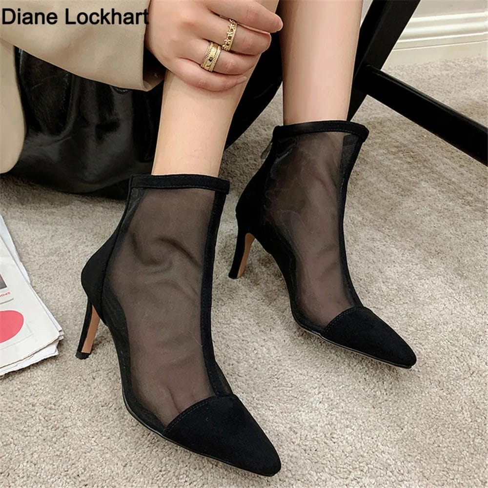 Sexy Mesh Botas For Women Pointed Toe Boots High Heels Womans Shoes Ladies Party Bar Stiletto Pumps Female Booties Black 41 42 1