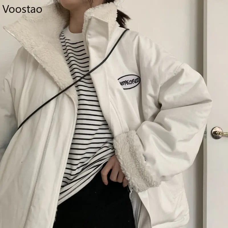 Both Sides Wear Autumn Winter Lambswool Coat Women Retro Zipper Up Plush Warm Jacket Korean Female Harajuku Stand Collar Outwear 1