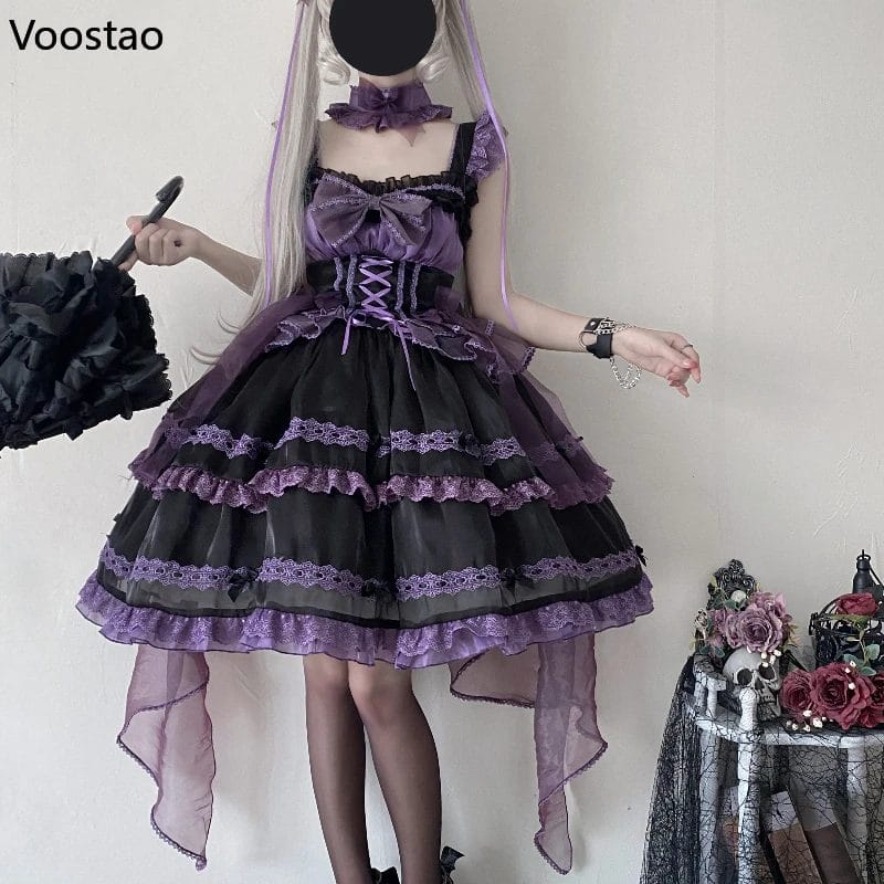 Gothic Y2k Lolita Jsk Dress Women Elegant Vintage Lace Mesh Ribbon Bow Evening Party Dresses Female Sweet Ruffles Fairy Vestidos 1