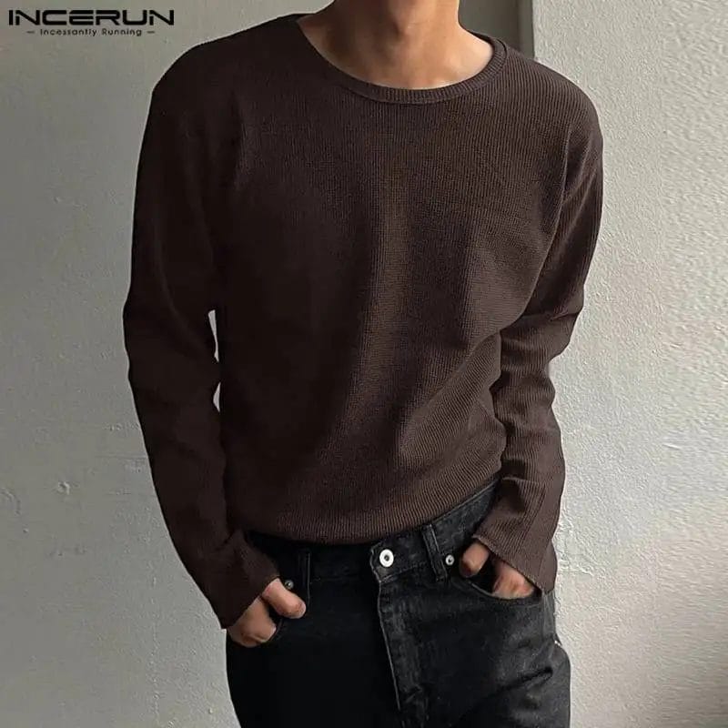 2023 Men T Shirt Solid Color O-neck Long Sleeve Loose Korean Casual Men Clothing Streetwear Fashion Male Tee Tops S-5XL INCERUN