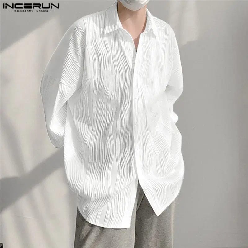 Men's Casual Shirt Solid Pleated Lapel Long Sleeve 2023 Streetwear Loose Men Clothing Korean Style Fashion Shirts S-5XL INCERUN 1