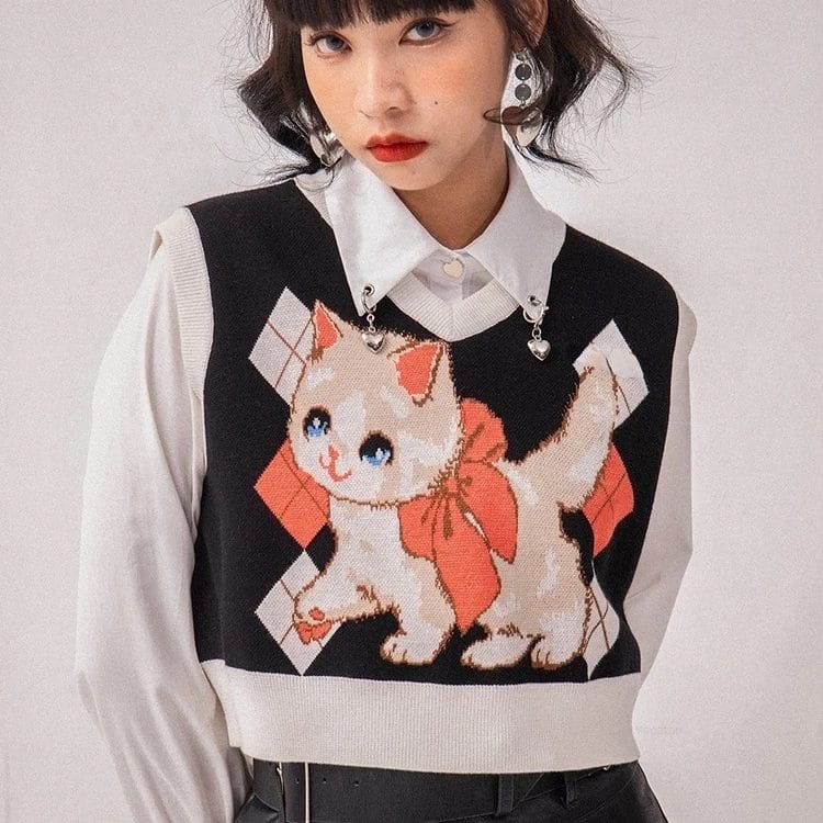 Japanese Sweet Cartoon Cat Jacquard Knitted Vest Women Vintage Black V-Neck Sleeveless Sweater Spring Autumn Girls Waistcoat 1