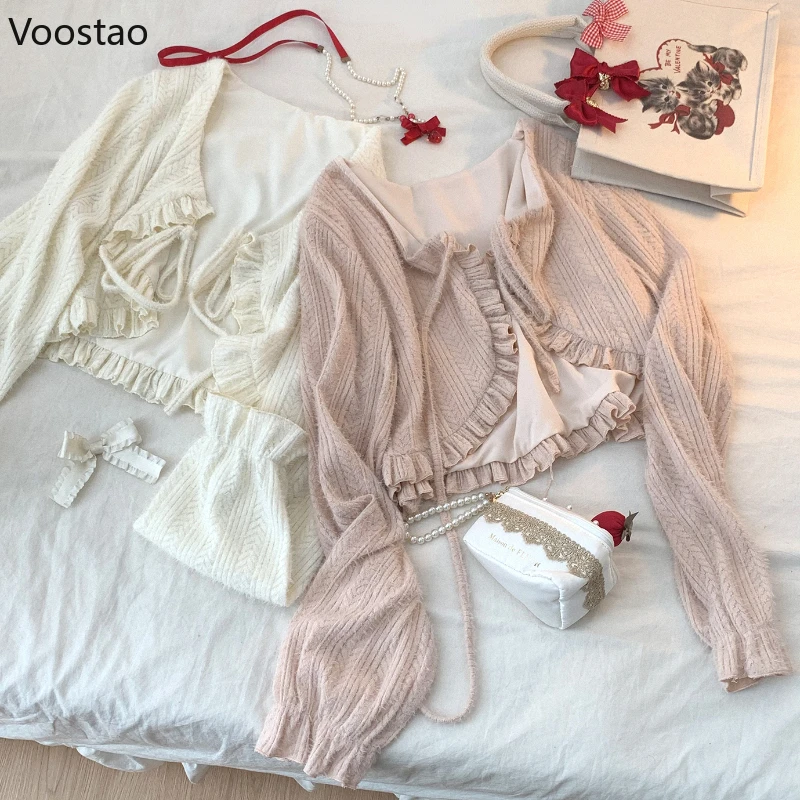 Japanese Kawaii Lolita Cardigan Women Vintage Sweet Ruffles Lace-Up Long Sleeve Sweater Crop Tops Soft Girls Knitted Shawl Coat 1