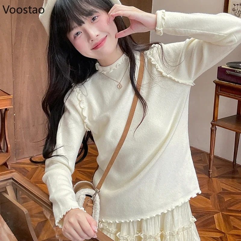 Autumn Winter Sweet Lolita Knitted Pullovers Women Casual Fashion Ruffles Long Sleeve Sweater Korean Girl Y2k Cute Knitwear Tops 1