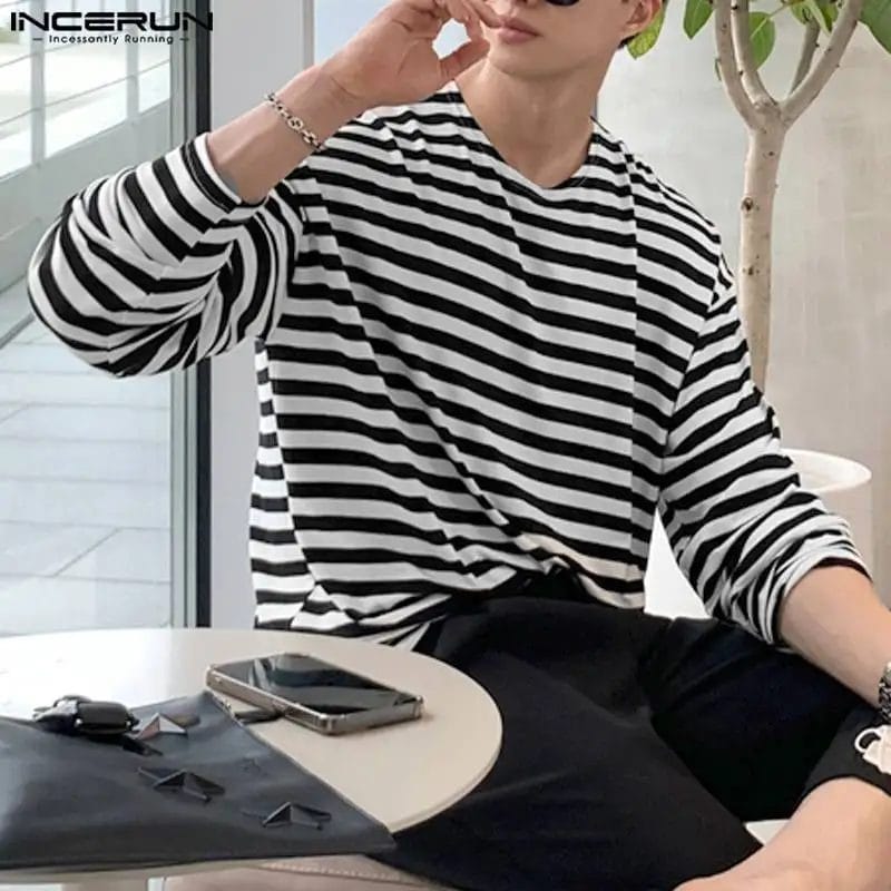 Men Striped T Shirt O-neck Long Sleeve Streetwear Casual Men Clothing Korean Style 2023 Loose Fashion Tee Tops S-5XL INCERUN 1