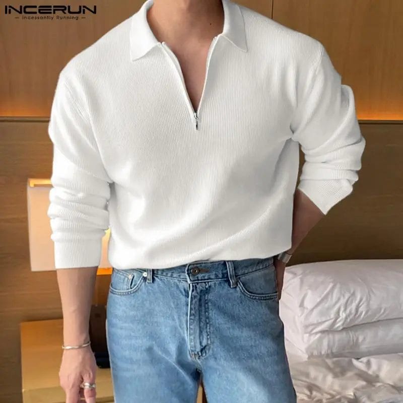 Men T Shirt Solid Color Lapel Long Sleeve Zipper Streetwear Casual Men Clothing 2023 Korean Loose Fashion Tee Tops S-5XL INCERUN 1