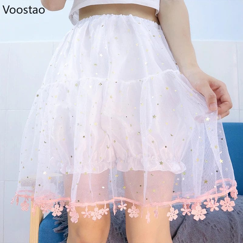 Sweet Lolita Hem Lace Flower Safety Short Pants Petticoat Pumpkin Shorts Skirt Women Chic Mesh Star Sequin JK Uniform Bloomers 1