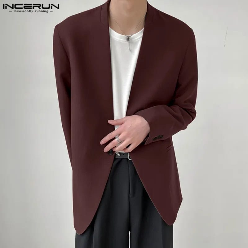Men Blazer Solid Color V Neck Long Sleeve One Button Autumn Male Casual Suits Streetwear 2023 Korean Style Thin Coats INCERUN 1