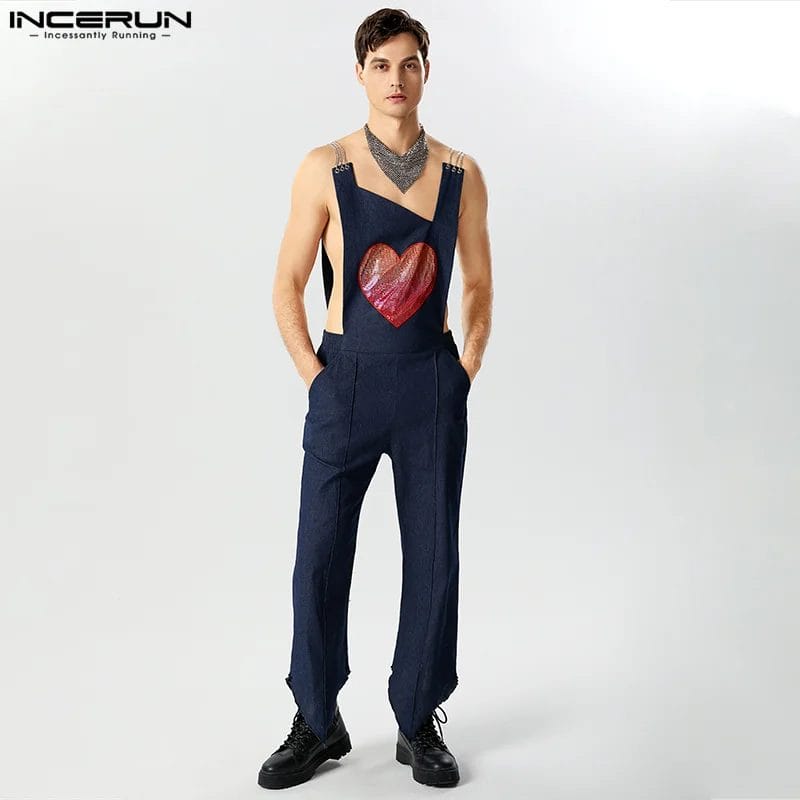 2023 Men Jumpsuits Patchwork Streetwear Sleeveless Casual Irregular Rompers Hollow Out Fashion Straps Overalls S-5XL INCERUN 1