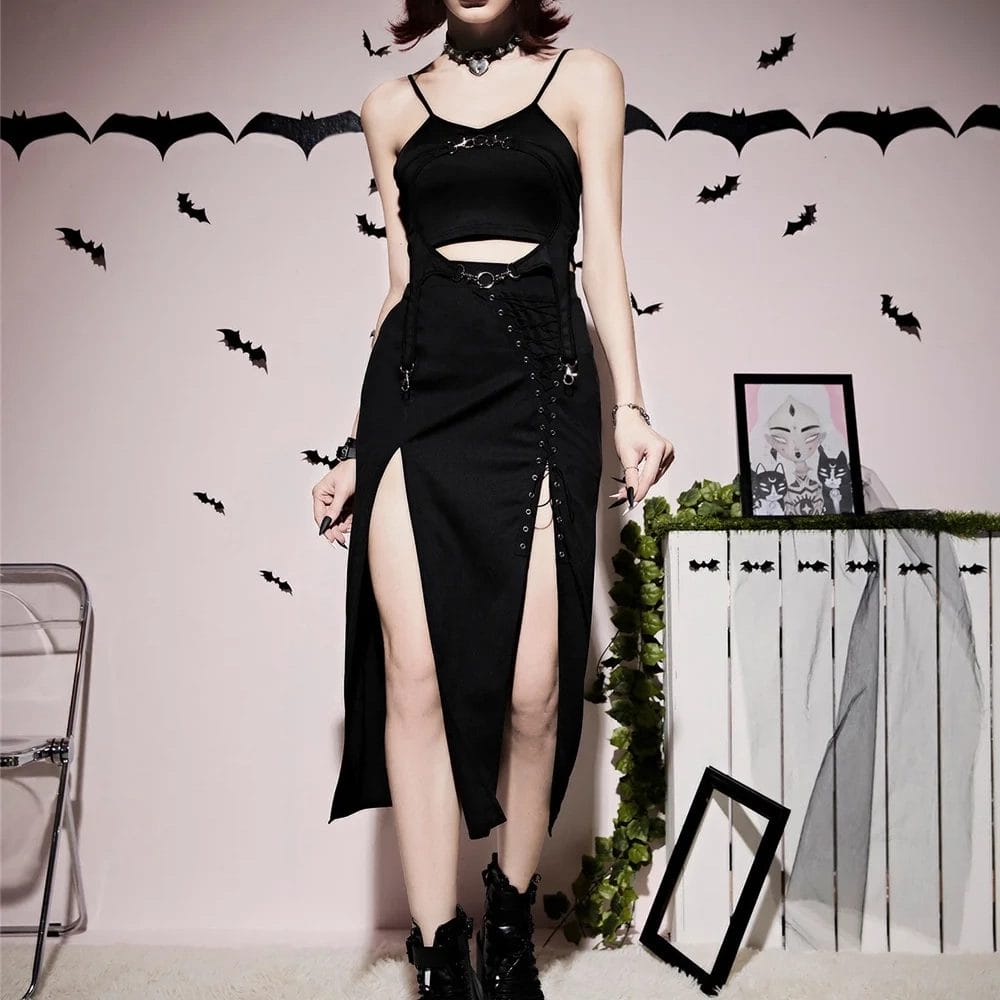 Goth Korean Style Rock Damen Skirt Gothic Style High Split Half Length Skirt Harajuku Retro Kawaii Y2k Vintage Black 1