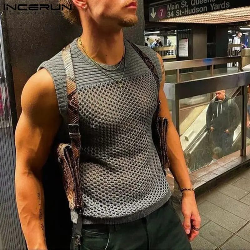 2023 Men Tank Tops Mesh Patchwork Transparent Breathable O-neck Sleeveless Sexy Men Clothing Summer Fashion Vests S-5XL INCERUN 1