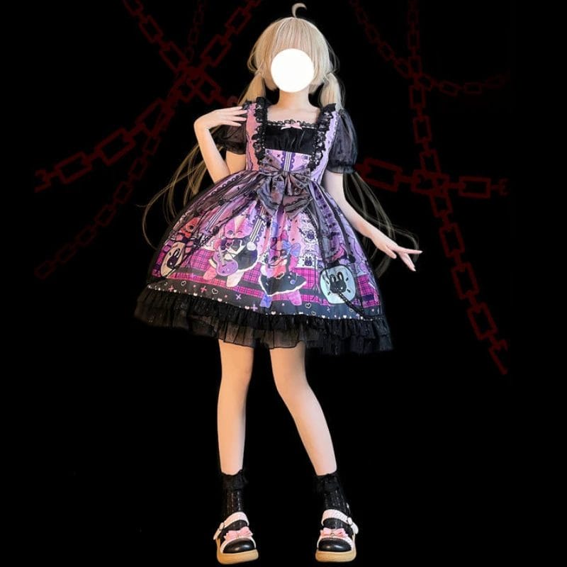 Japanese Gothic Lolita OP Dress E-Girl Harajuku Punk Cute Bow Dark Cartoon Rabbit Print Mini Dresses Women Kawaii Party Vestidos 1