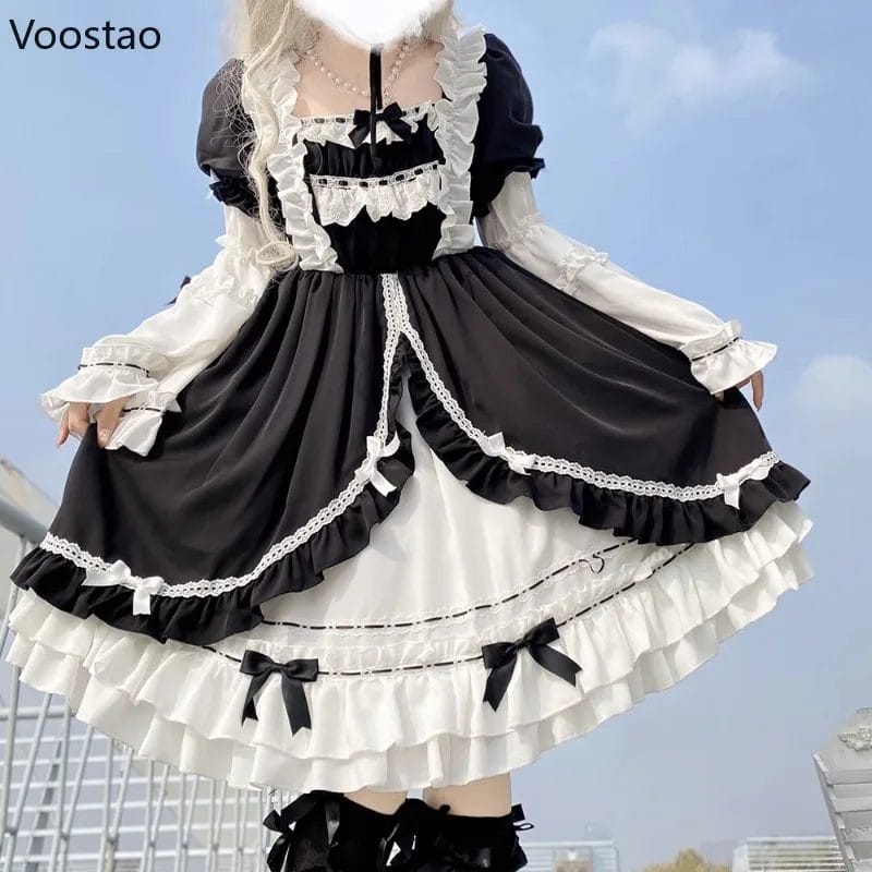 Gothic Lolita OP Dress Japanese Women Vintage Ruffles Patchwork Bow Fairy Dresses Y2k Aesthetic Harajuku Sweet Princess Vestido 1