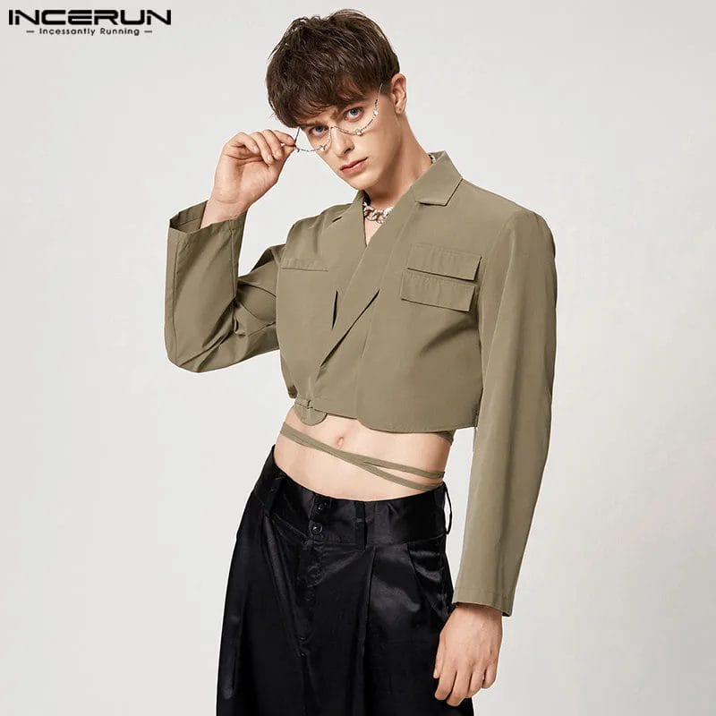 Fashion Men Blazer Solid Color Lace Up Lapel Long Sleeve Casual Crop Suits Personality 2023 Streetwear Thin Coats INCERUN S-5XL 1
