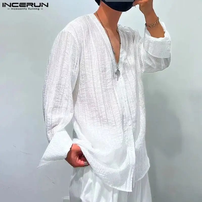 INCERUN 2024 Men Shirt Lace Hollow Out V Neck Long Sleeve Men Clothing Streetwear Loose Fashion Casual Thin Shirts Kimono S-5XL 1