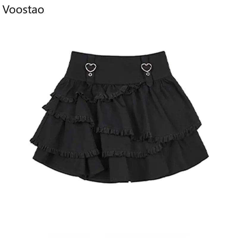 Gothic Lolita Style Mini Skirt Girls Sweet Cool Love Hearts Metal Buckle High Waist Skirt Women Harajuku Y2k A-Line Party Skirts 1