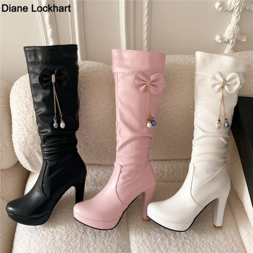 Autumn Winter Zipper Knee High Boots Women Fashion White Stiletto Heel Long Boots Bow Chain Bead Shoes Large Size 32-43 Black 1