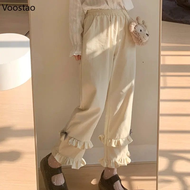 Japanese Sweet Lolita High Waist Pants Casual Kawaii Bowknot Ruffles Wide Leg Pants Girls Vintage Clothing Loose Cute Trousers 1
