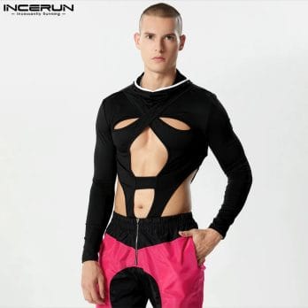 2023 Men Bodysuits Patchwork Hooded Hollow Out Streetwear Sexy Male Rompers Fitness Long Sleeve Fashion Bodysuit S-3XL INCERUN 2