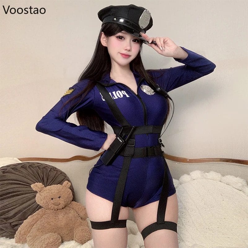 Sexy Women Cosplay Costume Police Woman Jumpsuits Hallowen Outfit Temptation Uniform Set Role Play Slim Bar Club Rompers Clothes 1