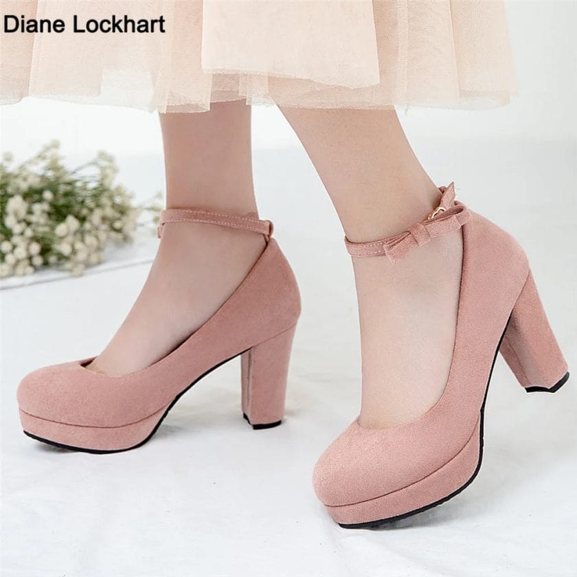 2024 Women Shoes on Heels Flock Platform Pumps Spring Summer Shallow Ankle Strap Buckle Bow Round Toe Shoes for Women High Heels 1