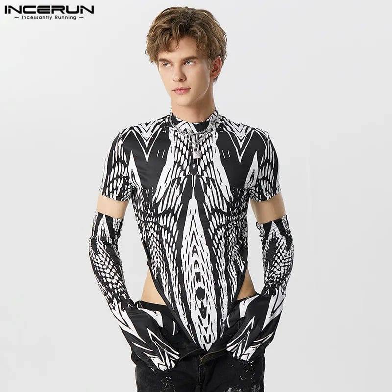 2023 Men Bodysuits Printing O-neck Short Sleeve Gloves Male Rompers T Shirts Fitness Streetwear Fashion Bodysuit S-5XL INCERUN 1