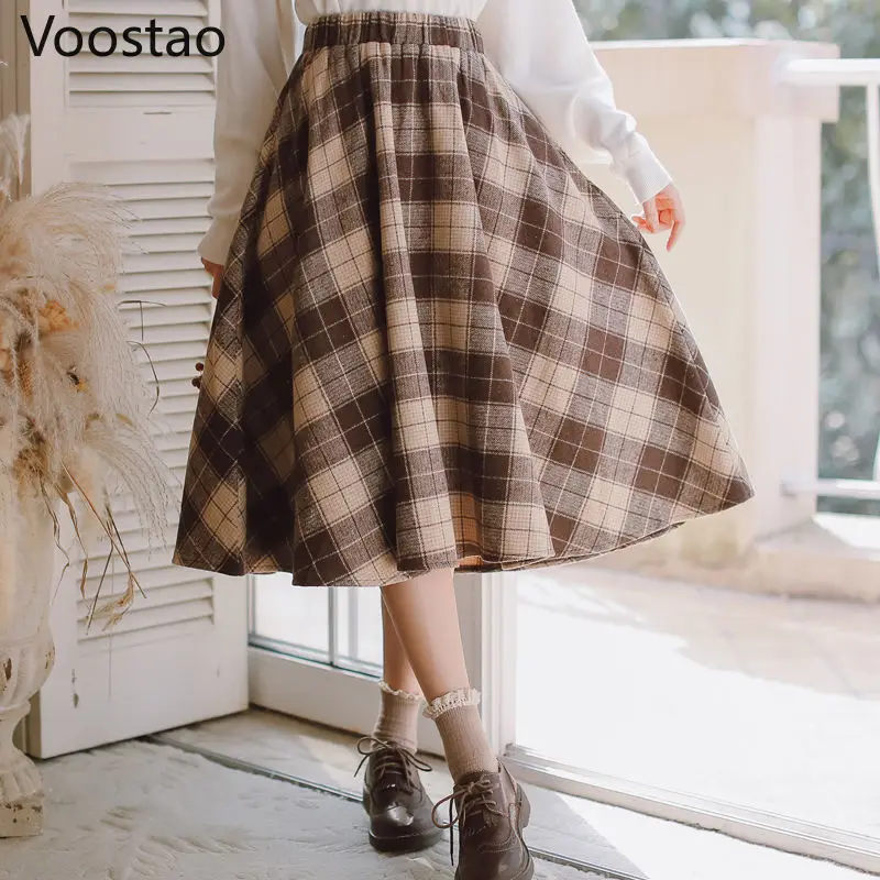 Autumn Winter Woolen Plaid Vintage Skirt Women Japanese Style Chic Patchwork Elegant Midi Skirt Female Y2k Korean Fashion Skirts 1