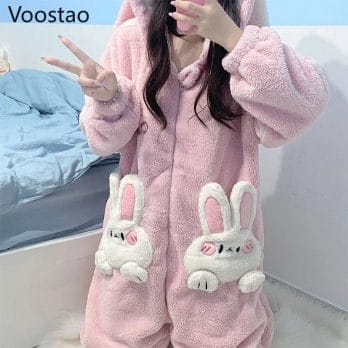 Autumn Winter Women Cute Onesies Pajamas Coral Fleece Warm Cartoon Rabbit Ears Hooded Sleepwear Girls Sweet Home Clothes Pyjamas 6