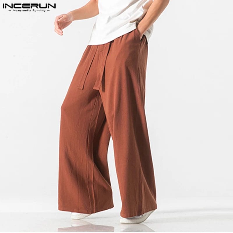 2023 Men Casual Pants Solid Color Cotton Joggers Elastic Waist Straight Trousers Men Vintage Streetwear Long Pants S-5XL INCERUN 1