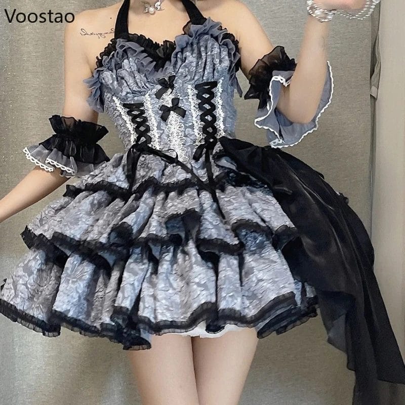 Gothic Lolita Jsk Dress Women Victorian Vintage Elegant Flower Ruffles Lace Bandage Mini Dresses Halloween Girl Sweet Punk Dress 1