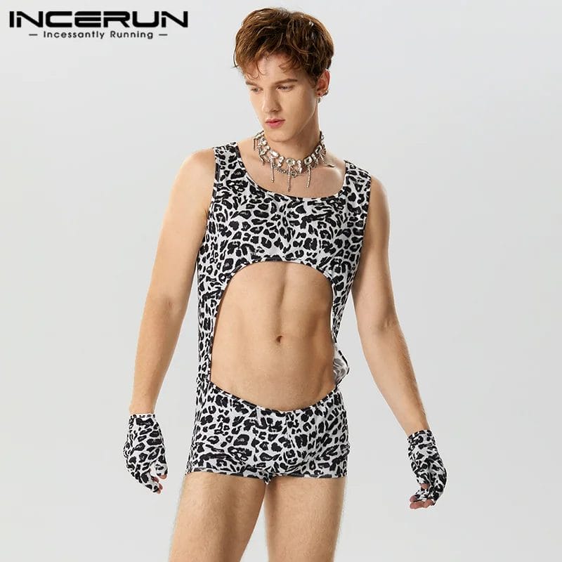2023 Men Bodysuits Printing O-neck Sleeveless Gloves Fashion Rompers Underwear Hollow Out Cozy Sexy Male Bodysuit S-5XL INCERUN 1