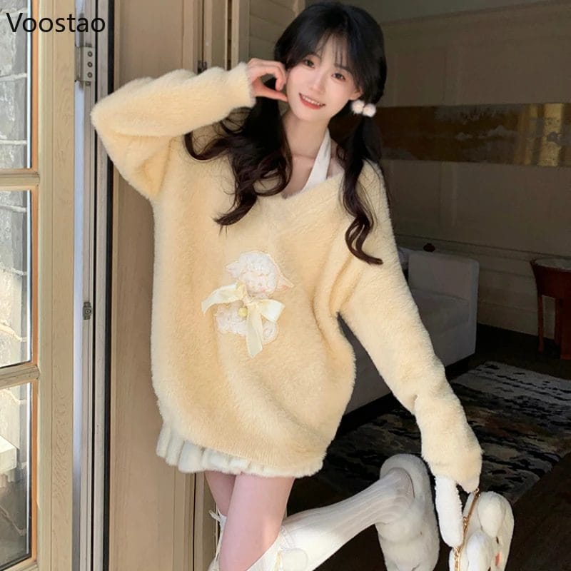 Korean Cute Sweater Tops Women Casual Bow Cartoon Sheep Embroidery Knitted Pullovers Harajuku Streetwear Girls Y2k Knitwear Coat 1