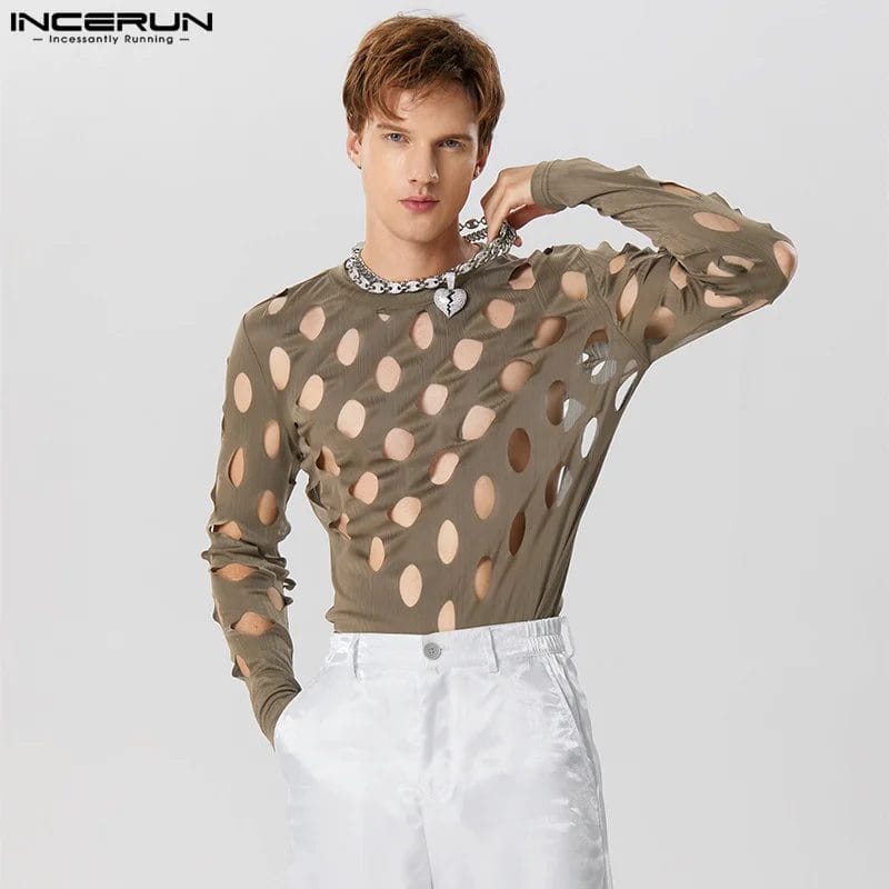 Fashion Men T Shirt Hollow Out Solid Color O-neck Long Sleeve Men Clothing Streetwear 2023 Fitness Sexy Camisetas S-3XL INCERUN 1