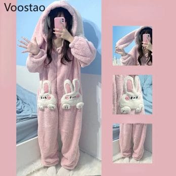 Autumn Winter Women Cute Onesies Pajamas Coral Fleece Warm Cartoon Rabbit Ears Hooded Sleepwear Girls Sweet Home Clothes Pyjamas 2