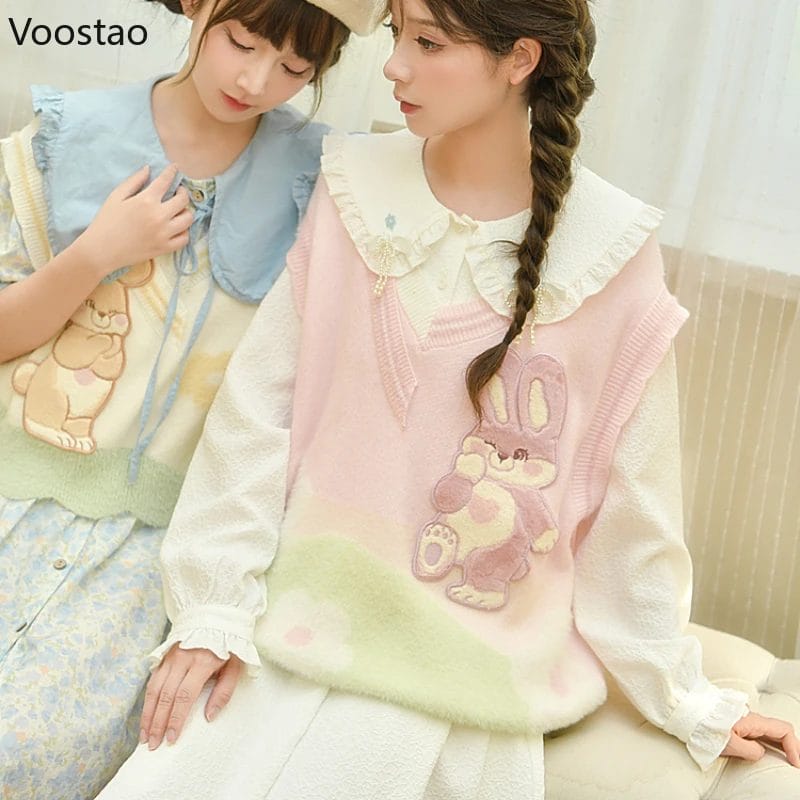 Sweet Lolita Knitted Vest Autumn Girls Cartoon Bunny Embroidery JK Sweater Tank Tops Women Casual Loose Sleeveless Waistcoat 1