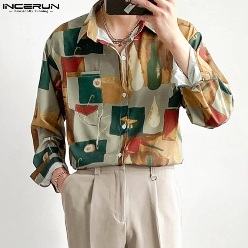 2024 Men Casual Shirt Printing Lapel Long Sleeve Fashion Men Clothing Loose Korean Style Streetwear Leisure Shirts S-5XL INCERUN 1