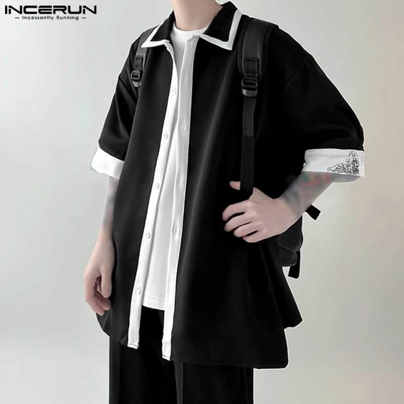 Men Casual Shirt Patchwork Lapel Half Sleeve Button Streetwear Loose Men Clothing Korean Style 2024 Fashion Shirts S-5XL INCERUN 1
