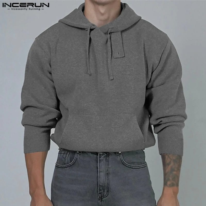 INCERUN Men Hoodies Solid Color Pockets Long Sleeve Hooded Streetwear Male Sweatshirts Loose Korean 2024 Casual Pullovers S-5XL 1