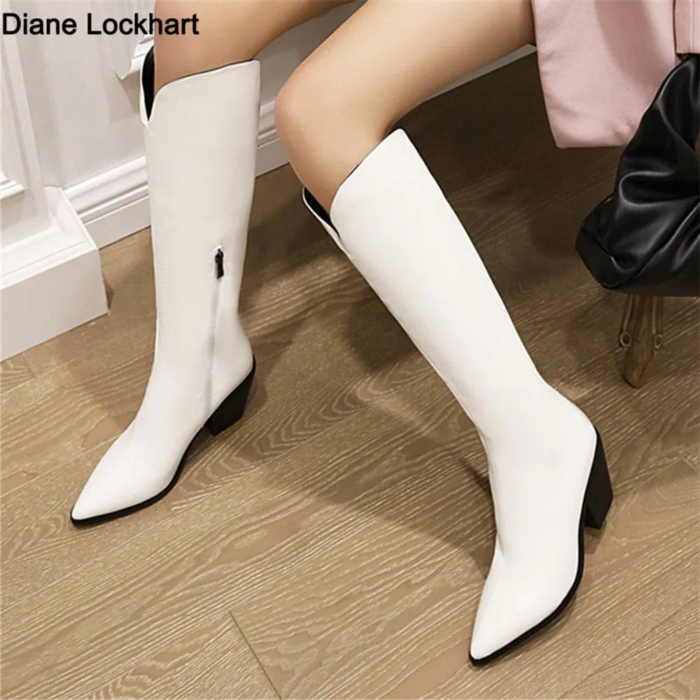 2023 Autumn Winter Woman Shoes Knee-High Chelsea Boots Square High Heels Pointed End PU Leather Casual Party Zapatos Mujer 1