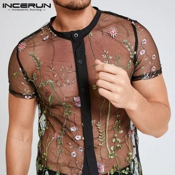 2023 Fashion Men Mesh Shirts Embroidered Short Sleeve Sexy See Through Tops Button Breathable Party Nightclub Shirts INCERUN 5XL 5