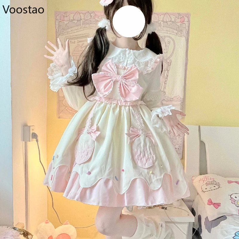 Japanese Harajuku Kawaii Lolita Jsk Dress Women Sweet Bowknot Cream Strawberry Sleeveless Dresses Pink Cute Lace Princess Dress 1