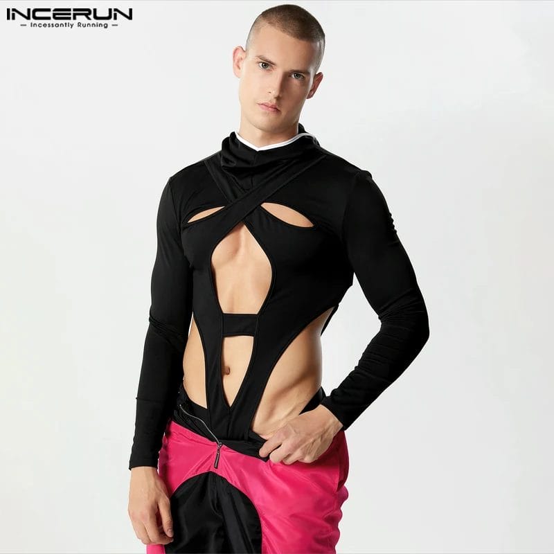 2023 Men Bodysuits Patchwork Hooded Hollow Out Streetwear Sexy Male Rompers Fitness Long Sleeve Fashion Bodysuit S-3XL INCERUN 1
