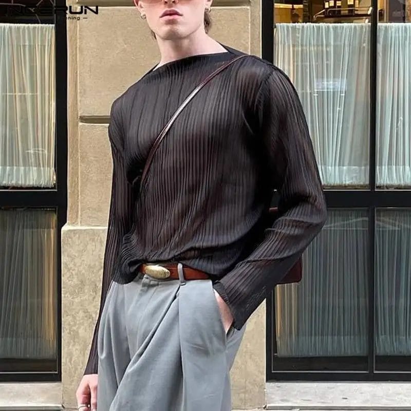 Men T Shirt Mesh Transparent Pleated Long Sleeve Loose Men Clothing Streetwear Party Sexy 2023 Fashion Camisetas S-5XL INCERUN 1