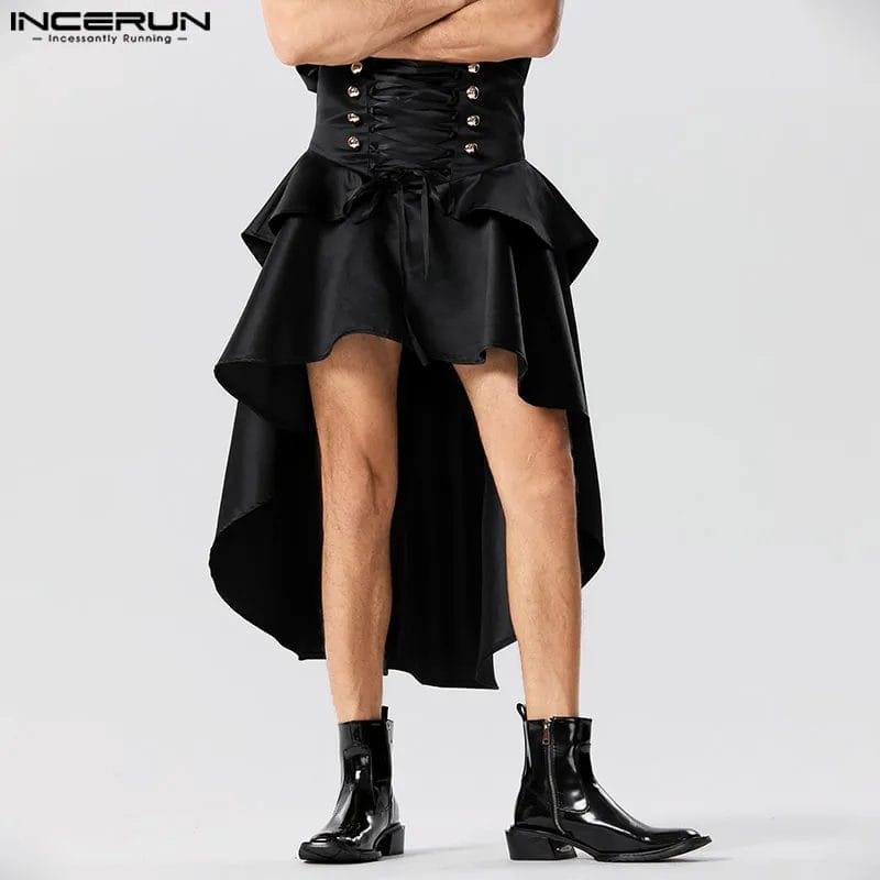 INCERUN 2023 Men Irregular Skirts Solid Lace Up High Waist Streetwear Unisex Skirts Personality Ruffle Party Fashion Trousers 1