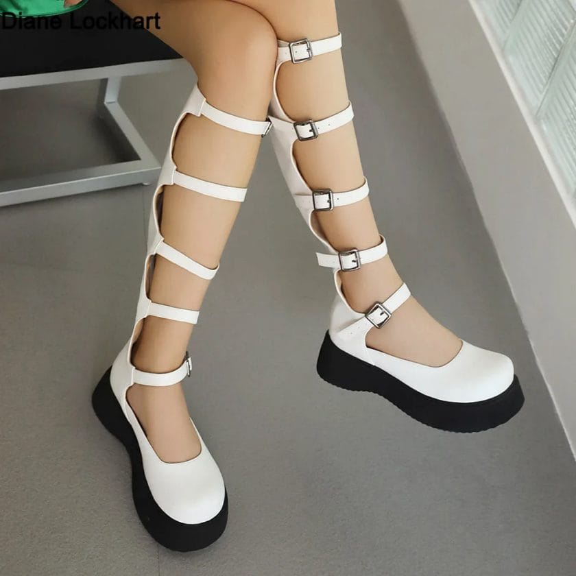Wedges Thick Platform Girl Mary Janes Women Buckle Hollow Motorcycle Punk Cool Boots Sandals New Designer Lolita Women Shoes 1