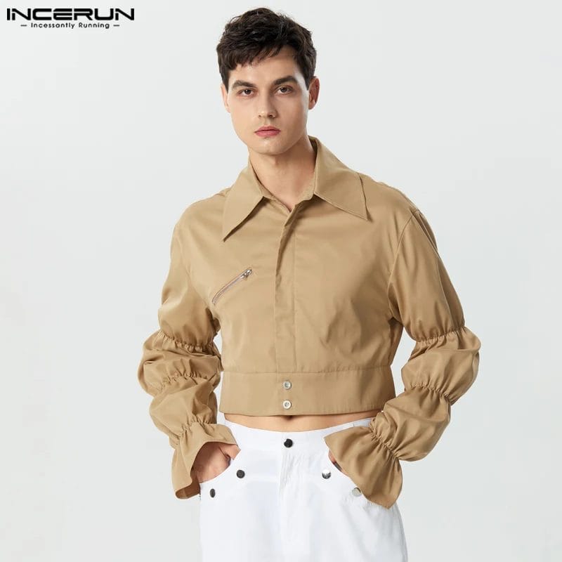 Men Shirt Solid Color Lapel Puff Long Sleeve Zipper Leisure Crop Tops 2023 Streetwear Fashion Casual Men Clothing S-5XL INCERUN 1