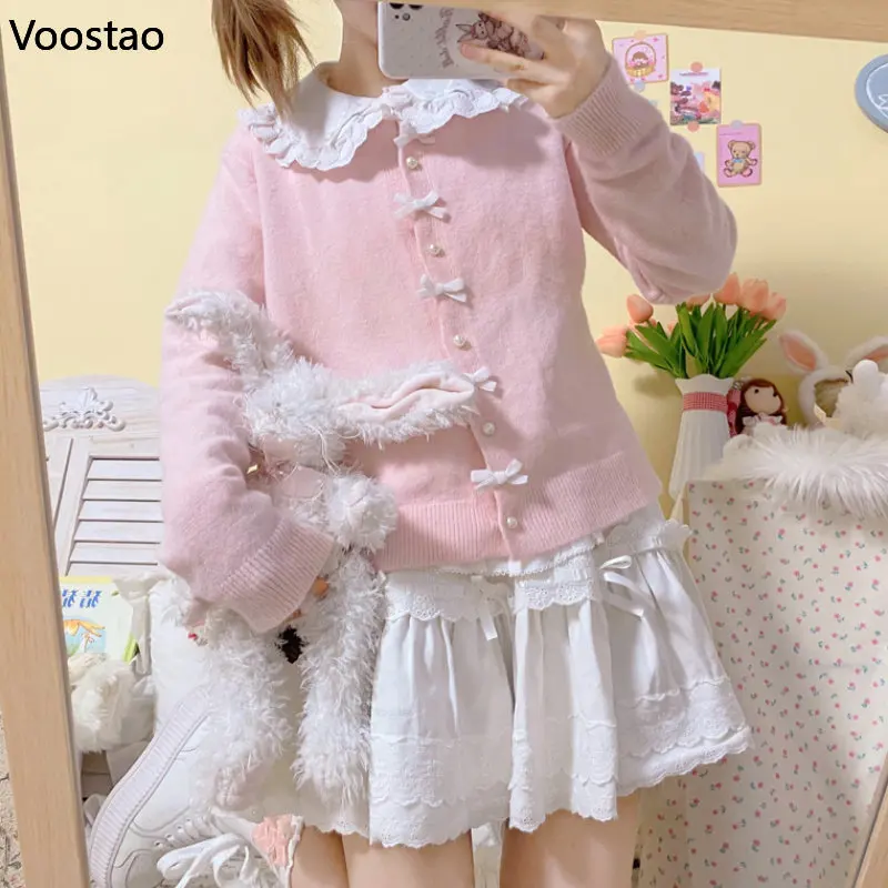 Autumn Japanese Kawaii Girls Lolita Knitted Cardigan Sweet Cute Pearl Bow Pink Sweater Tops Women Harajuku O-Neck Knitwear Coat 1