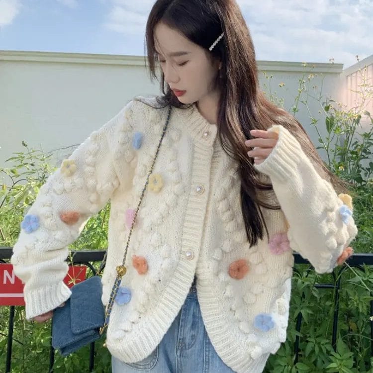 Autumn Casual Sweet Knitted Cardigan Women Elegant Fashion Floral Embroidery Loose Sweater Tops Korean Female Chic Knitwear Coat 1